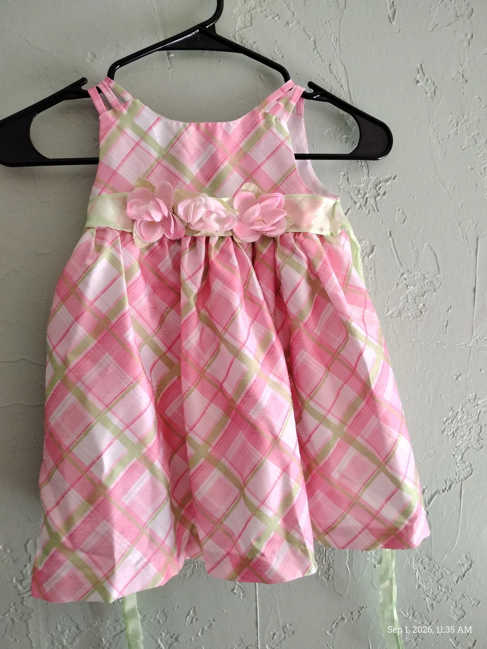 Bonnie Jean Pink Plaid Floral Sash Dress